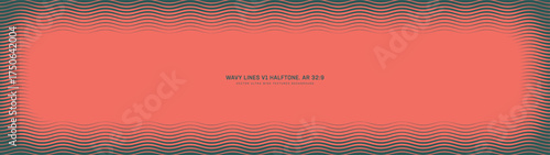 Wavy lines halftone pattern vignette frame ultra wide 32:9 aspect ratio red green vector classy abstract background. Striped rippled structure half tone ultrawide format guilloche style rounded border