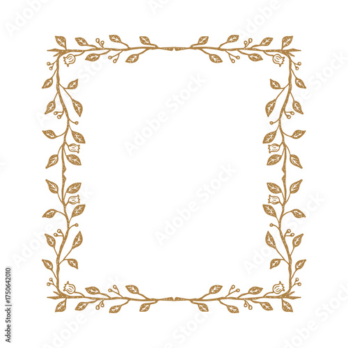Elegant golden vine frame decorated with delicate flowers, luxury botanical border design, natural ornamental wreath with shiny yellow-gold tones, perfect for invitations, posters, and digital artwork