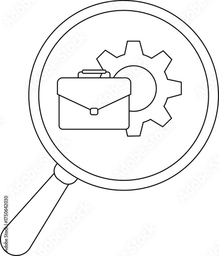A magnifying glass highlights a briefcase and gear possibly symbolizing business operations analysis