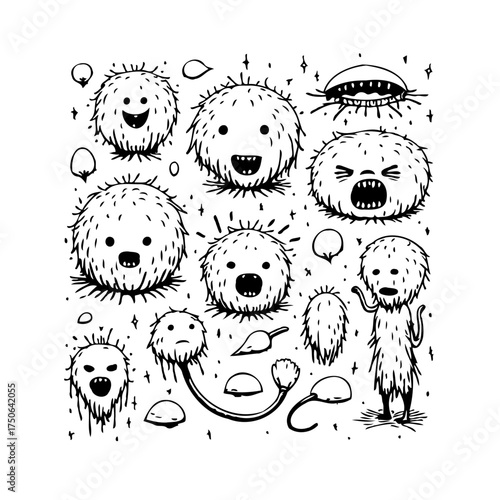 Illustrative whimsical creatures showcasing a variety of expressions emotions in a monochrome