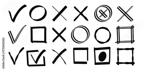 Hand-drawn checkmarks, crosses, circles, and squares set, sketch UI selection icons for forms and feedback.