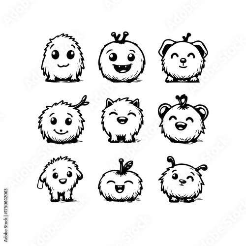 Illustrative whimsy a delightful ensemble of charming fuzzy creatures expressing joyful