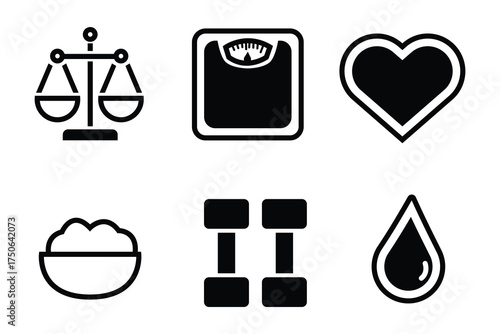 Minimal fitness icons set with scale, heart, bowl, dumbbells, water drop and balance, healthy lifestyle symbols.