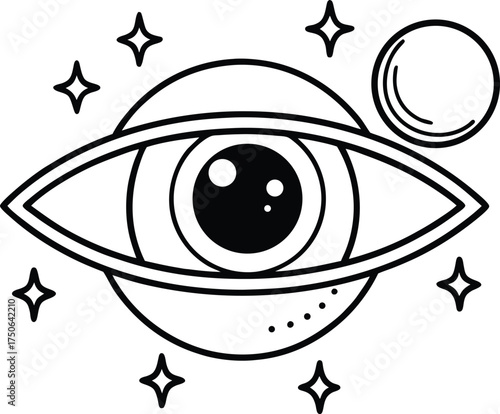 Surreal Eye with Planets Orbiting Line Art Illustration