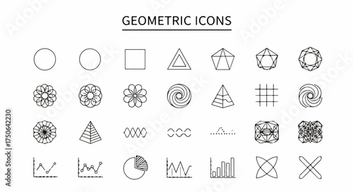 Minimalist black outline geometric icons collection featuring basic shapes, complex patterns, abstract elements, and data visualization graphics on a clean white background.