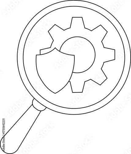 A magnifying glass showcases a gear behind a shield all rendered in a clean outlined style