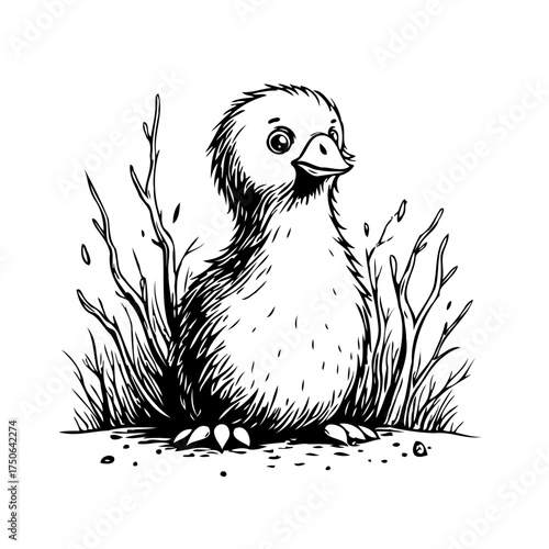Innocent chick surrounded by twiggy branches, black and white drawing featuring a fluffy little