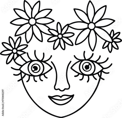 Surreal Face with Flowers as Eyes Line Art Illustration