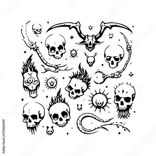 Intricate collection of hand drawn gothic skulls and supernatural elements creates an eerie and