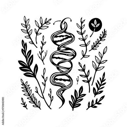 Intricate dna strand amidst botanical elements evokes concepts of life growth and natural science