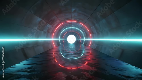 Futuristic Sci-Fi Tunnel with Red and Cyan Neon Lights