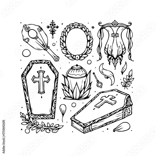 Intricate gothic line art showcases ornate coffins, decorative frames, and ethereal embellishments