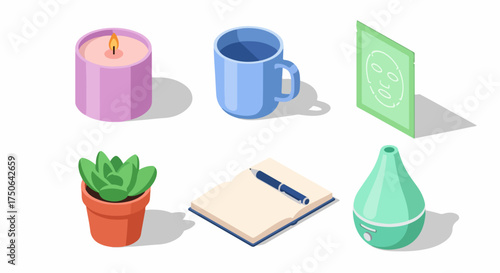 Isometric Collection of Self-Care and Wellness Essentials for Home Relaxation