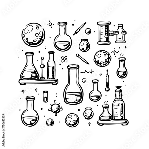 Intricate science laboratory tools and planetary objects create an engaging educational or