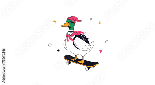 A stylish duck wearing a hat and scarf rides a skateboard in this fun illustration.