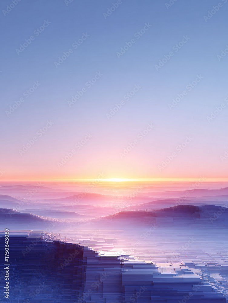Fototapeta premium Serene, stylized landscape with misty mountains and a vibrant sunset. Abstract, dreamy, and atmospheric. Ideal for backgrounds, websites, and inspirational designs.