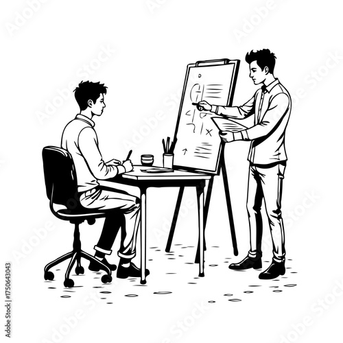 Man presenting business strategy on whiteboard and colleague taking notes for collaboration