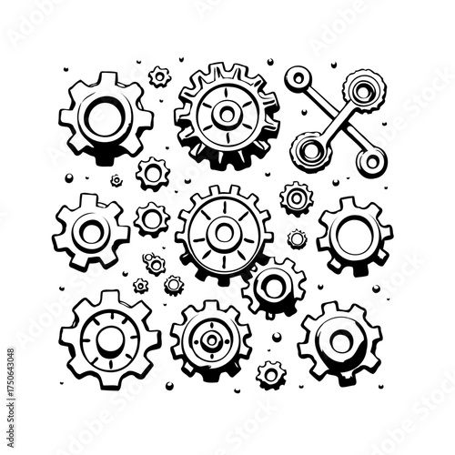Mechanical components illustration showcasing assorted cogs gears and interconnected parts in a