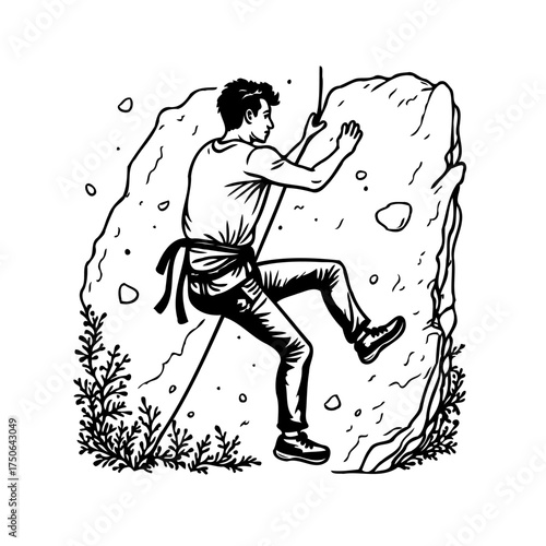 Man climbing a challenging rock wall with safety gear amidst sparse vegetation a visual metaphor
