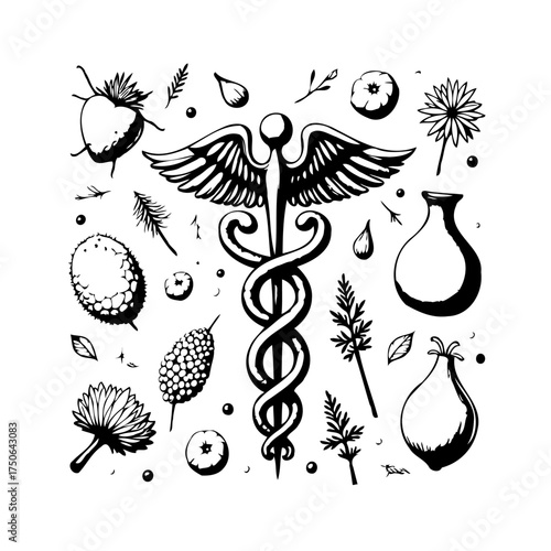 Medical caduceus symbol surrounded by sketched nature elements creates a harmonious botanical