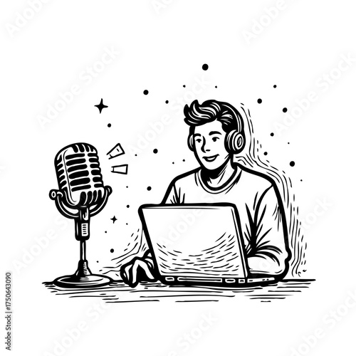 Male podcaster recording with laptop and microphone creating audio content on digital devices in