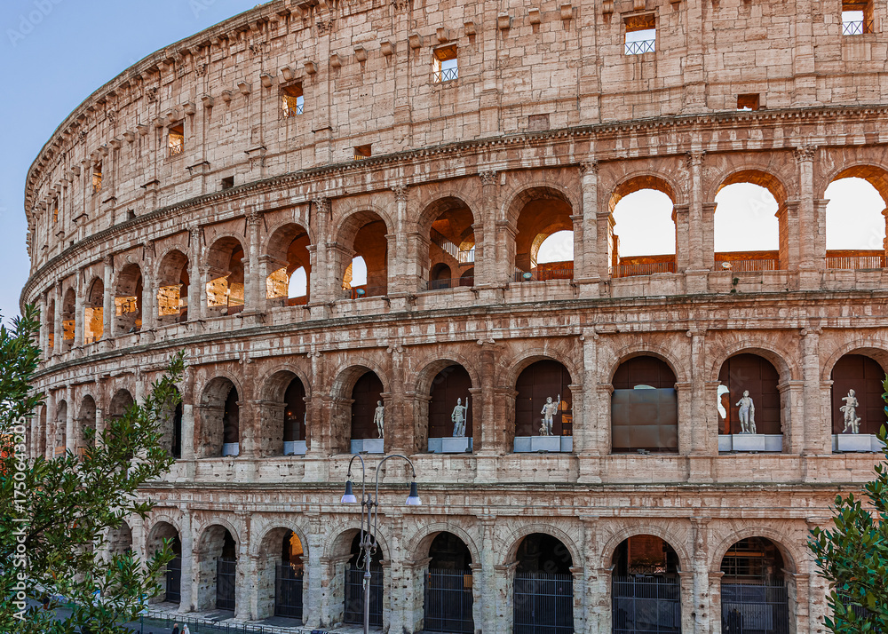 Obraz premium the Colosseum at sunset framed by tree branches