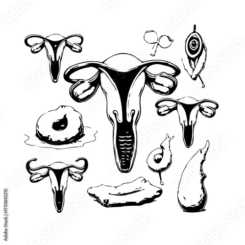 Monochromatic anatomical uterus illustration with ovaries and fallopian tubes for educational