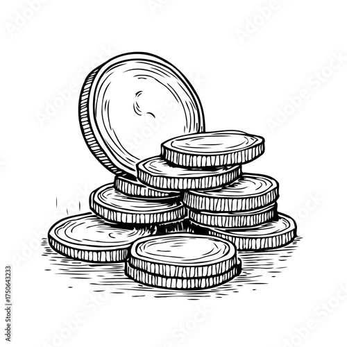 Monochromatic coins stacked drawing illustration portraying abundance and financial concept for