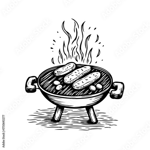 Monochromatic depiction of a barbecue with sausages cooking emits inviting flames for casual