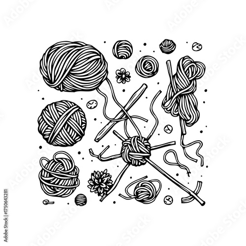 Monochromatic line drawing featuring various forms of yarn and knitting needles creating a
