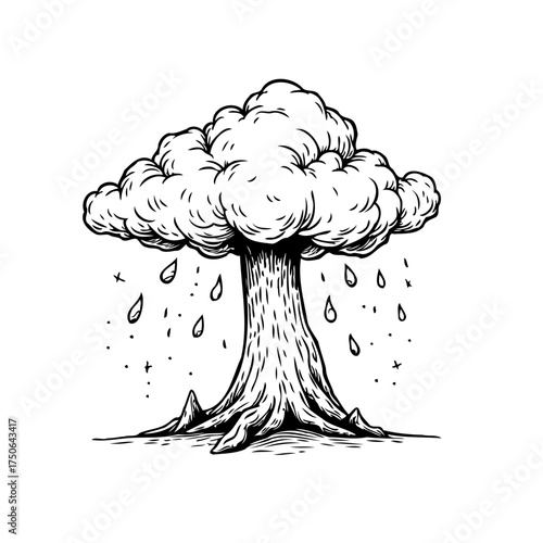 Monochrome botanical illustration featuring solitary tree silhouette under rainfall with cloudy