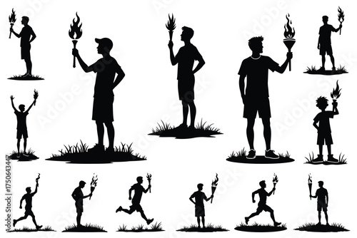 Silhouettes of people holding torches and running fire