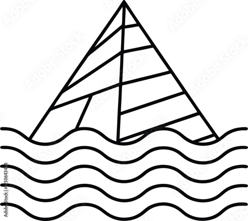 Surreal Pyramid Floating Above Waves Line Art Illustration