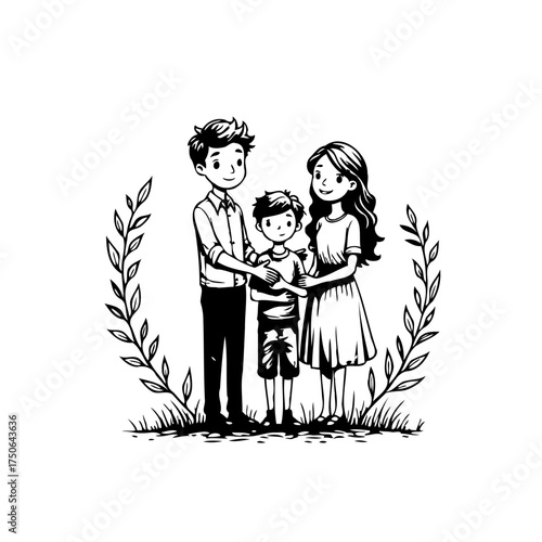 Monochrome family bond illustration depicting parents embracing their child within botanical frame