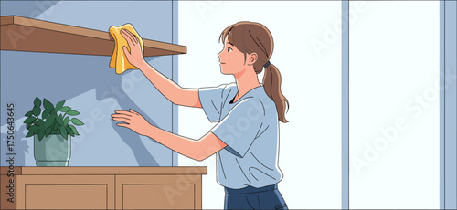 A young woman cleans dust from furniture with a cloth, illustrating household cleaning and home chores