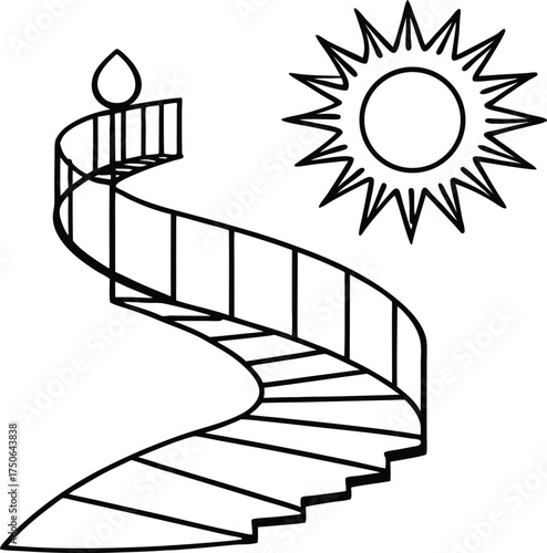 Surreal Staircase Spiraling into Sun Line Art Illustration