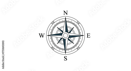 A navigational compass rose showing cardinal directions for exploration and guidance.