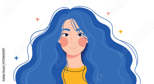A stylish portrait of a woman with long flowing blue hair and rosy cheeks.