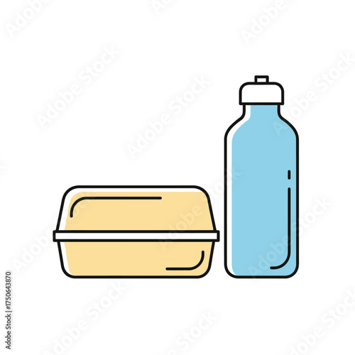 Lunch Box and Water Bottle Icon Set Healthy Eating, On-the-Go Food  Hydration