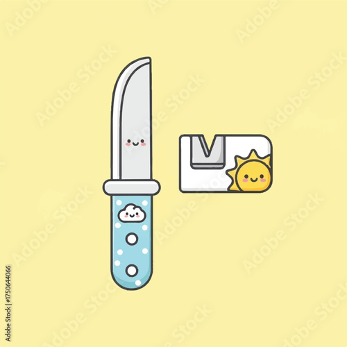 A knife featuring an adorable design next to a sharpener.