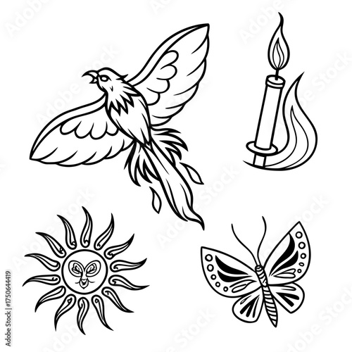 fine line tattoo icons flame phoenix and candle clipart set.svg