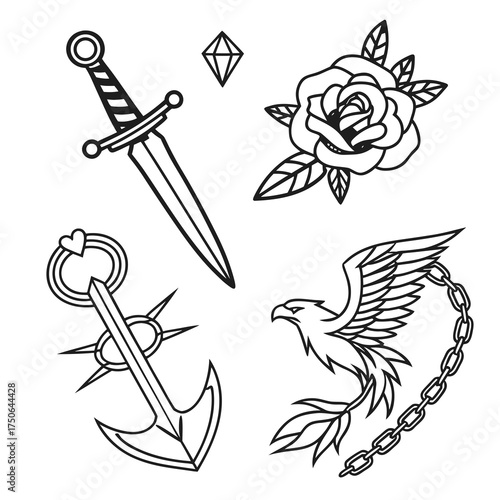 fine line tattoo icons dagger sword heart and rose clipart set.svg