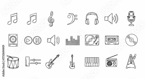 Comprehensive collection of outline icons representing various music instruments, audio devices, and symbols, perfect for web, app, and graphic design.