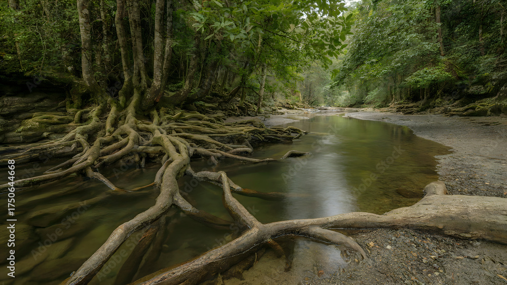 Fototapeta premium Forest Creek with Tree Roots Dipping into Water, Surrounded by Lush Foliage and Dappled Sunlight - tranquil woodland