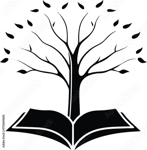 Surreal Tree Growing from Book Pages Line Art Illustration