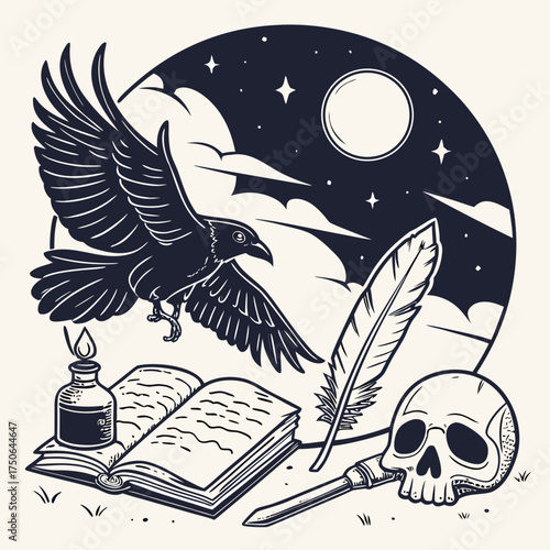 vintage etching style raven in flight and raven skull clipart set.svg