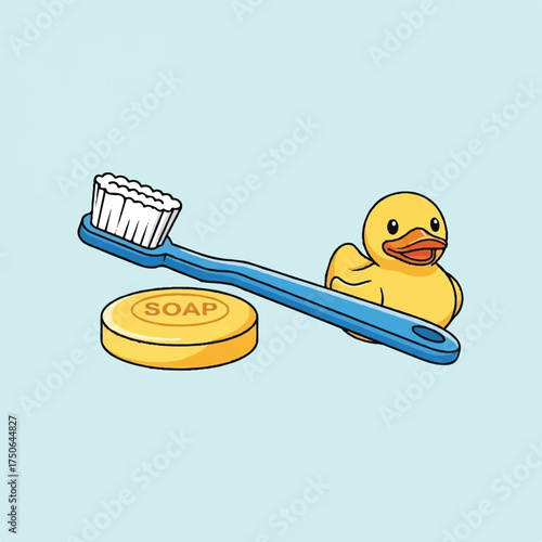 A scene showing a toothbrush, bar of soap, and duck toy.