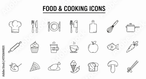 Minimalist black and white line icons representing various kitchen tools, cooking essentials, fresh ingredients, and prepared foods for culinary design.