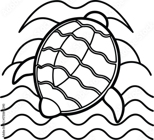 Turtle Shell with Ocean Waves Line Art Illustration