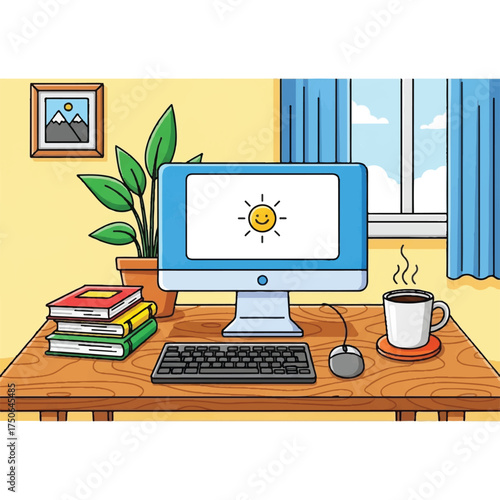 A bright, office setup with a computer screen placed on a wooden table.